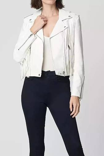 Women’s white fringe lambskin leather biker jacket
