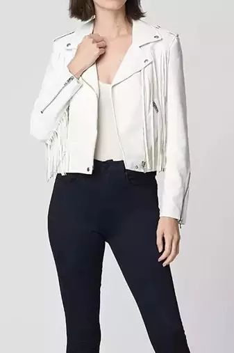 Women’s white fringe lambskin leather biker jacket