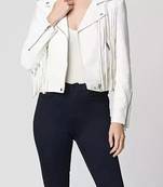 Women’s white fringe lambskin leather biker jacket