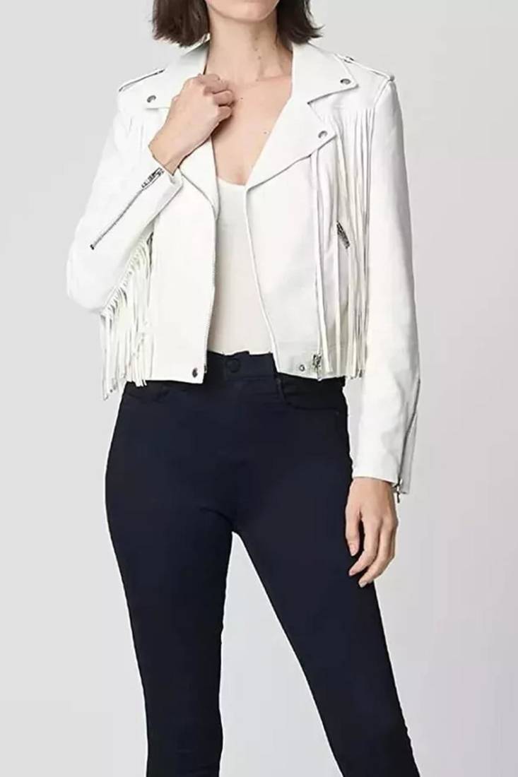 Women’s white fringe lambskin leather biker jacket