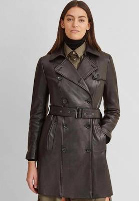 Women’s tailored mid-to-longline leather trench coat deep espresso brown 2