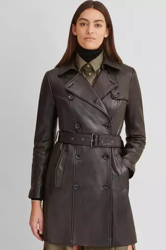 Women’s tailored mid-to-longline leather trench coat deep espresso brown