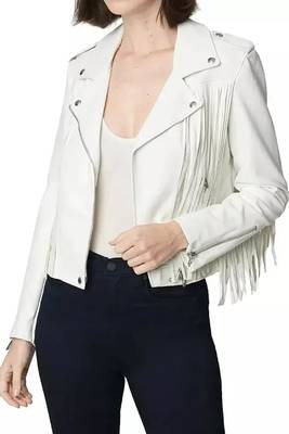 Women’s white fringe lambskin leather biker jacket 2