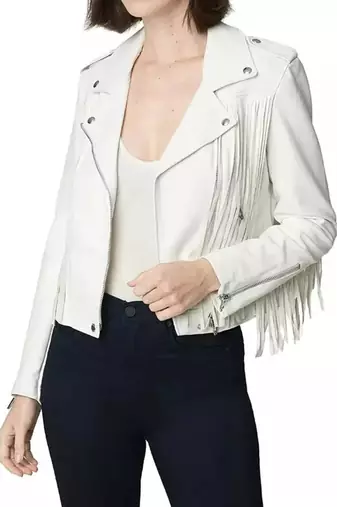 Women’s white fringe lambskin leather biker jacket
