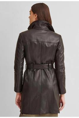 Women’s tailored mid-to-longline leather trench coat deep espresso brown 3