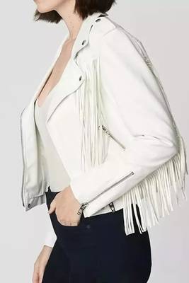 Women’s white fringe lambskin leather biker jacket 3