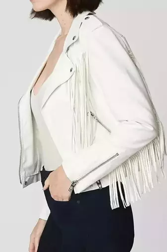 Women’s white fringe lambskin leather biker jacket