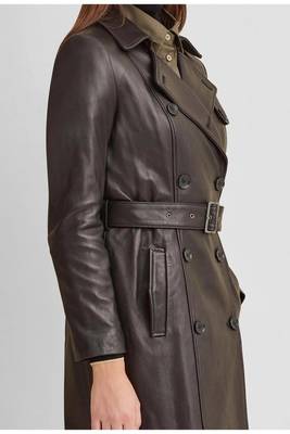 Women’s tailored mid-to-longline leather trench coat deep espresso brown 4