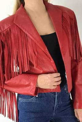 Women’s red fringe lambskin leather biker jacket 1