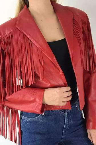 Women’s red fringe lambskin leather biker jacket