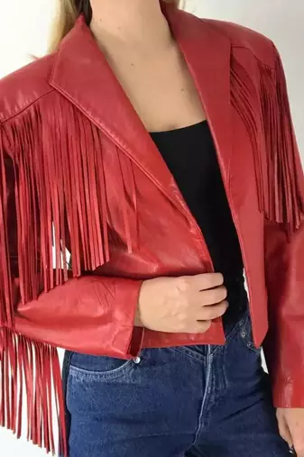 Women’s red fringe lambskin leather biker jacket