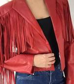 Women’s red fringe lambskin leather biker jacket