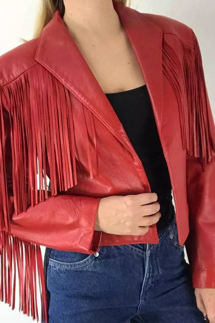 Women’s red fringe lambskin leather biker jacket