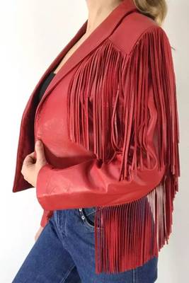 Women’s red fringe lambskin leather biker jacket 2