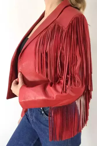 Women’s red fringe lambskin leather biker jacket
