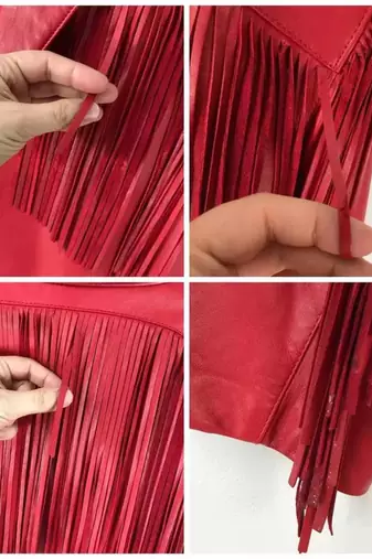 Women’s red fringe lambskin leather biker jacket