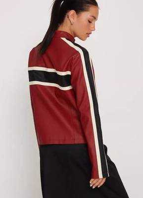 Women’s red black strip  lambskin leather biker jacket 2