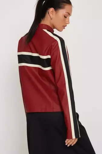 Women’s red black strip  lambskin leather biker jacket