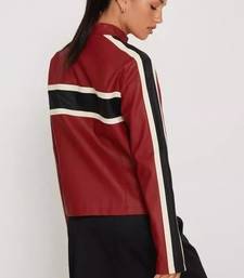 Women’s red black strip  lambskin leather biker jacket