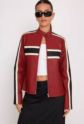 Women’s red black strip  lambskin leather biker jacket 1