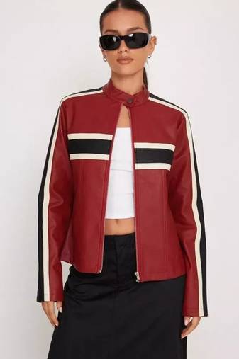 Women’s red black strip  lambskin leather biker jacket
