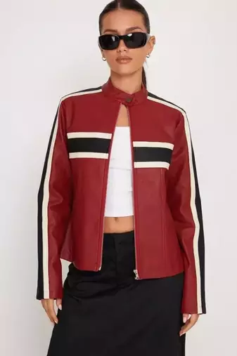 Women’s red black strip  lambskin leather biker jacket