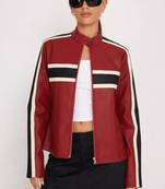 Women’s red black strip  lambskin leather biker jacket