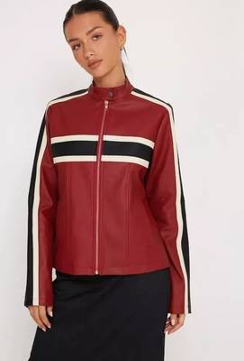 Women’s red black strip  lambskin leather biker jacket 3