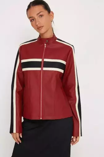 Women’s red black strip  lambskin leather biker jacket