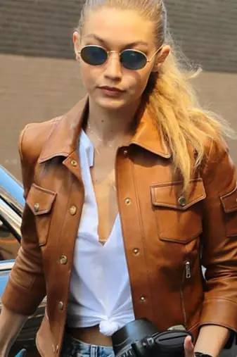 Women’s tailored mid-length leather coat brown button style