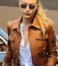 Women’s tailored mid-length leather coat brown button style