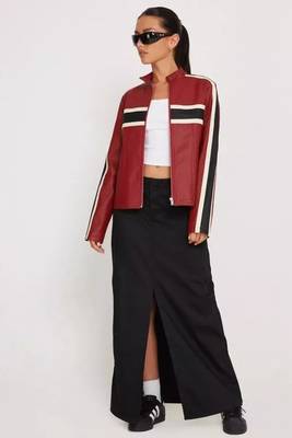 Women’s red black strip  lambskin leather biker jacket 4