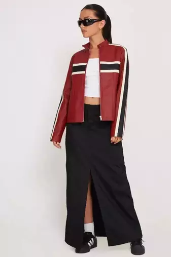 Women’s red black strip  lambskin leather biker jacket
