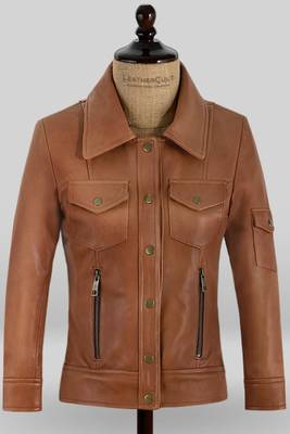 Women’s tailored mid-length leather coat brown button style 1