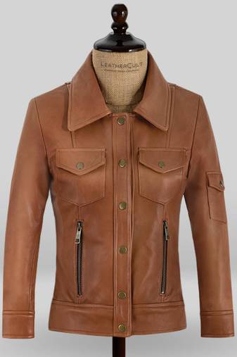 Women’s tailored mid-length leather coat brown button style