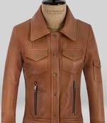 Women’s tailored mid-length leather coat brown button style