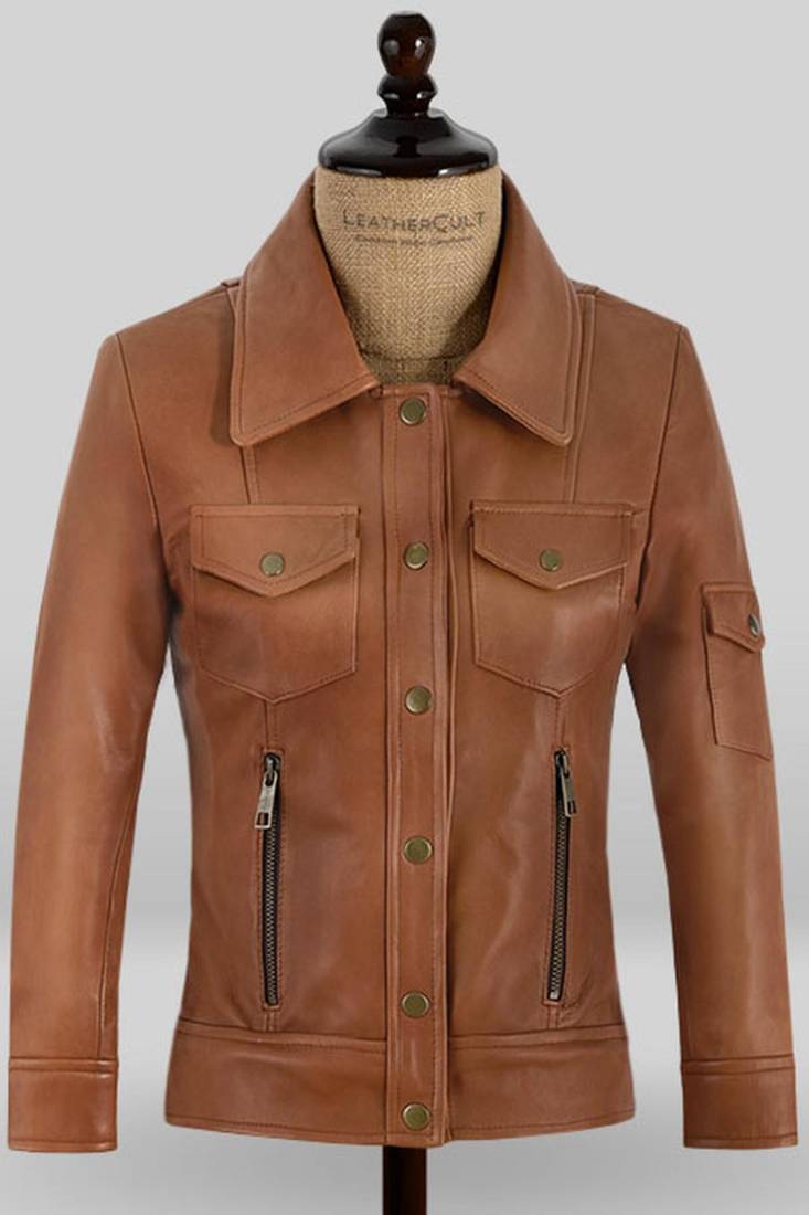Women’s tailored mid-length leather coat brown button style