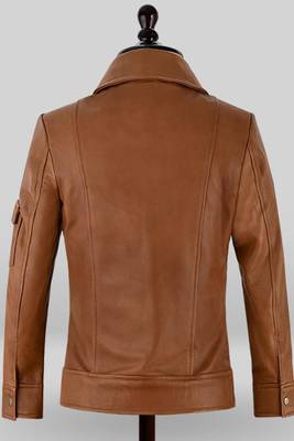 Women’s tailored mid-length leather coat brown button style 3