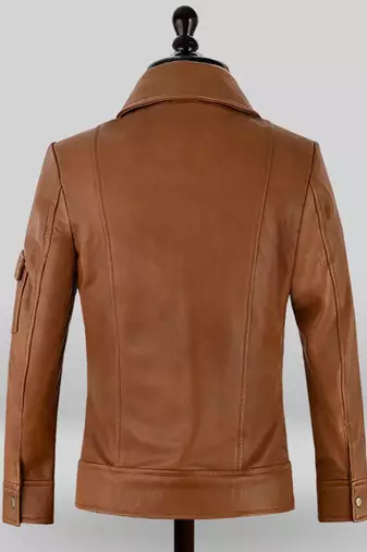Women’s tailored mid-length leather coat brown button style