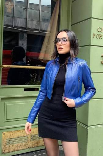 Women’s blue lambskin leather jacket -detail stylish look