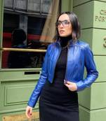 Women’s blue lambskin leather jacket -detail stylish look