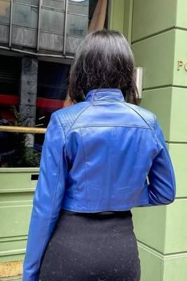 Women’s blue lambskin leather jacket -detail stylish look 2