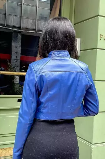 Women’s blue lambskin leather jacket -detail stylish look