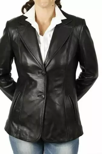 Women’s tailored mid-length leather coat black button style