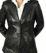 Women’s tailored mid-length leather coat black button style