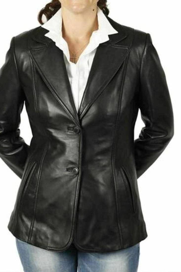 Women’s tailored mid-length leather coat black button style