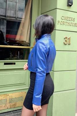 Women’s blue lambskin leather jacket -detail stylish look 3
