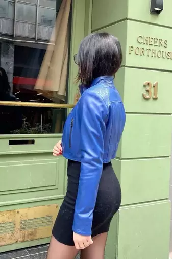 Women’s blue lambskin leather jacket -detail stylish look