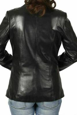 Women’s tailored mid-length leather coat black button style 2