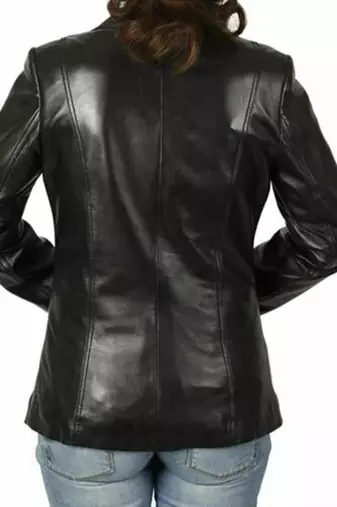 Women’s tailored mid-length leather coat black button style